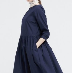 Uniqlo Ines de la Fressange Cotton Poplin gathered 3/4 sleeve dress, navy, sz S